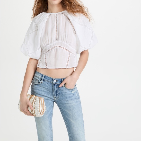 Frame Inset Lace Gathered Seam Top, Size S, White - Picture 1 of 11